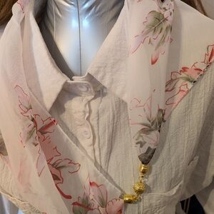 Floral White Scarf with Pink Accents And Built In Magnet Clip